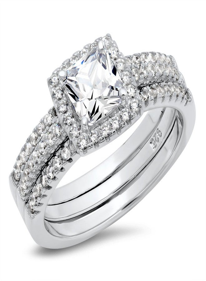 Metal Factory Sz 9 Sterling Silver Cushion Cubic Zirconia CZ 2Pc Halo Wedding Engagement Ring Insert Set - Image 1